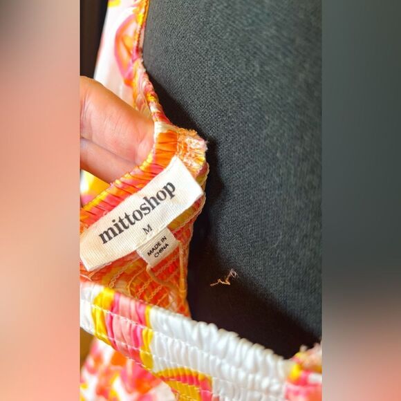 MittoShop Floral Smocked Dress Large Pink Yellow Boho Mini/Knee Length NWT - Picture 9 of 10